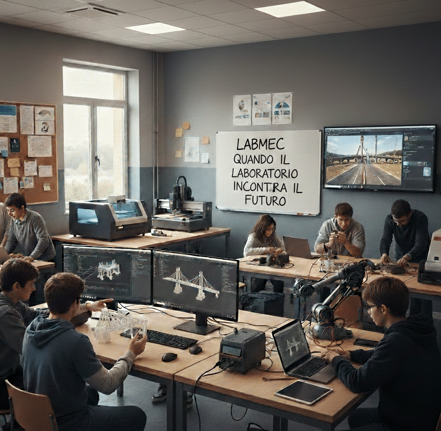 Studenti al lavoro nel laboratorio meccanica digitale scuola con macchina CNC LabMec