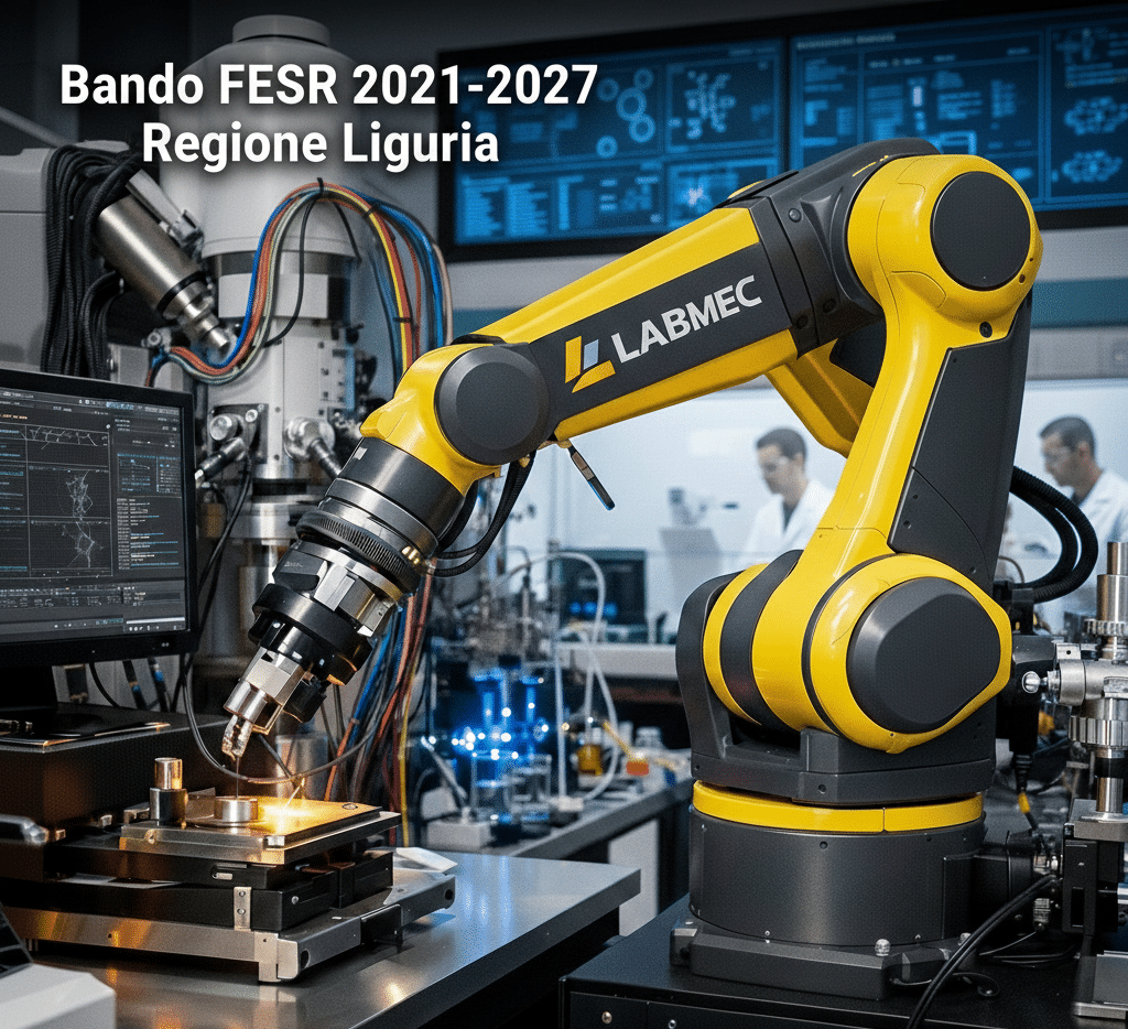 Braccio robotico industriale LabMec in laboratorio di ricerca per Bando FESR Liguria 2021-2027