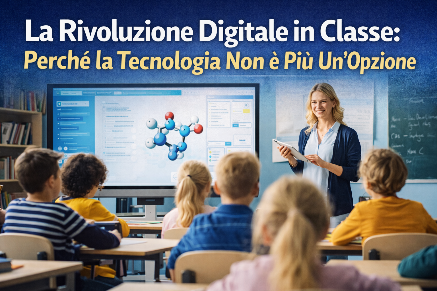 Insegnante con tablet usa la tecnologia in classe su LIM interattiva con molecola 3D e studenti