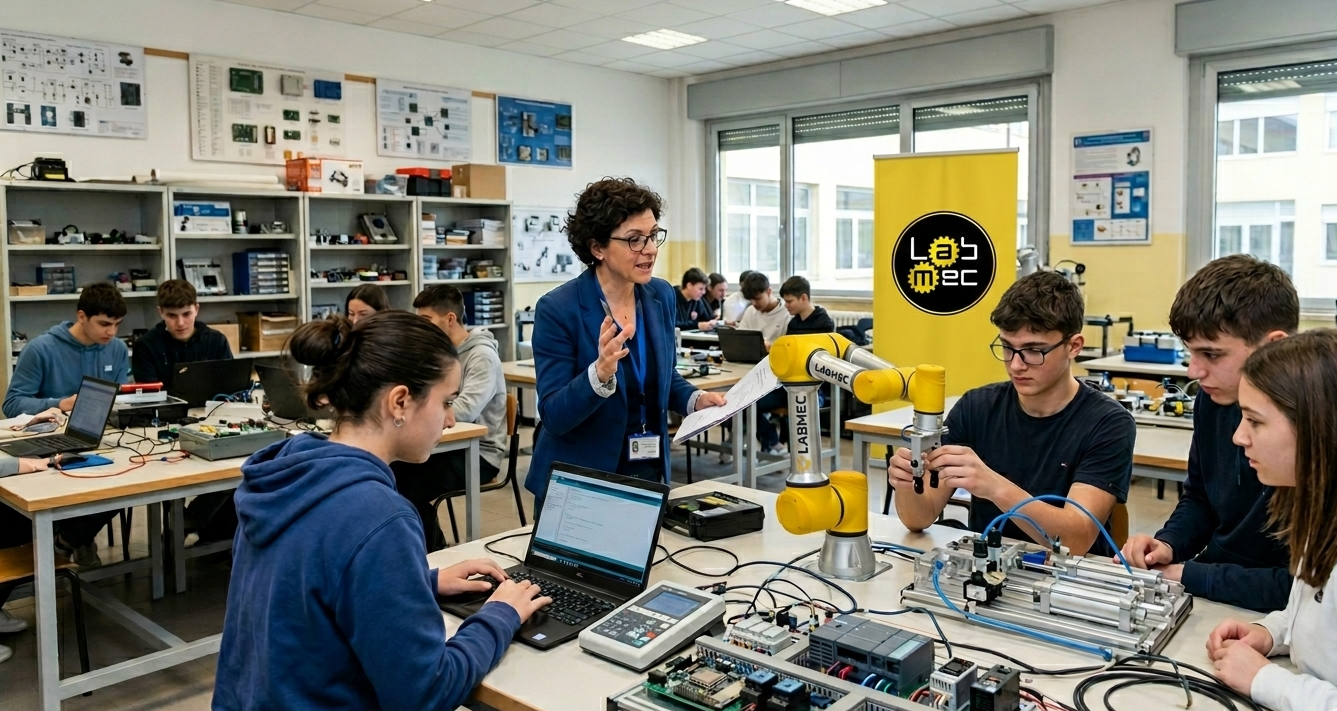 Studenti e docente in laboratorio didattico con braccio robotico LabMec e kit automazione industriale per intelligenza artificiale nella scuola