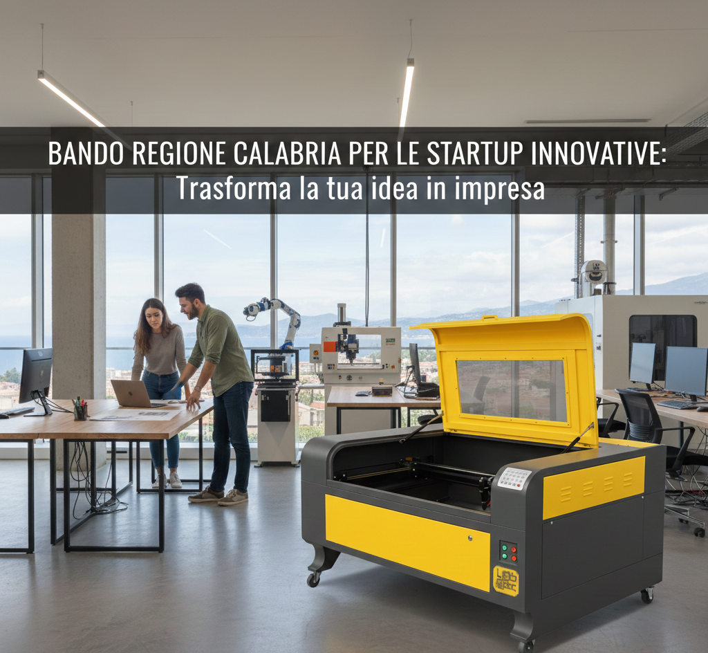 Bando startup innovative Calabria 2026: laboratorio con macchina CNC e laser LabMec per giovani imprenditori
