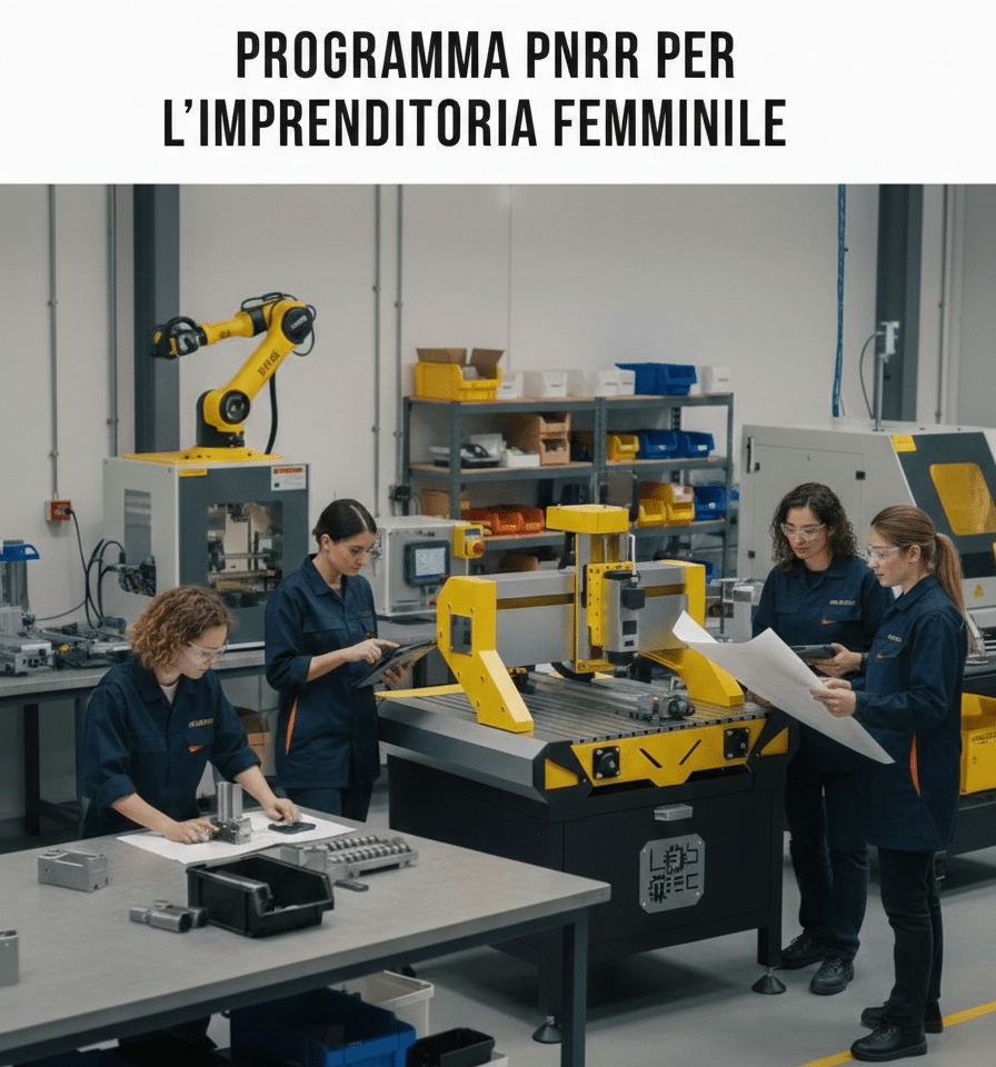 Quattro imprenditrici al lavoro su macchine a controllo numerico LabMec in officina, programma PNRR per l'imprenditoria femminile