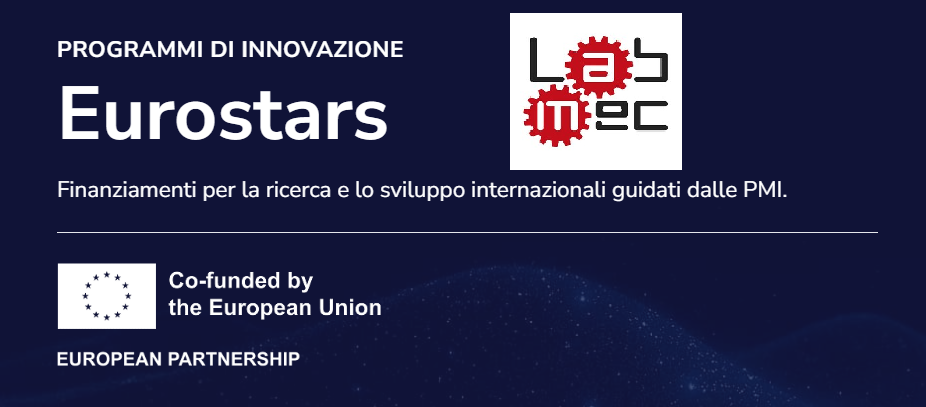 Banner del bando Eurostars per programmi di innovazione e finanziamenti R&S alle PMI, con logo LabMec e cofinanziamento dell'Unione Europea